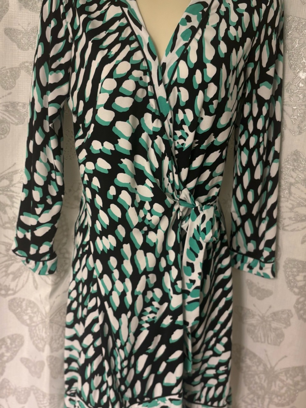 Mint and Black Printed Wrap Dress with Tie Waist Adele